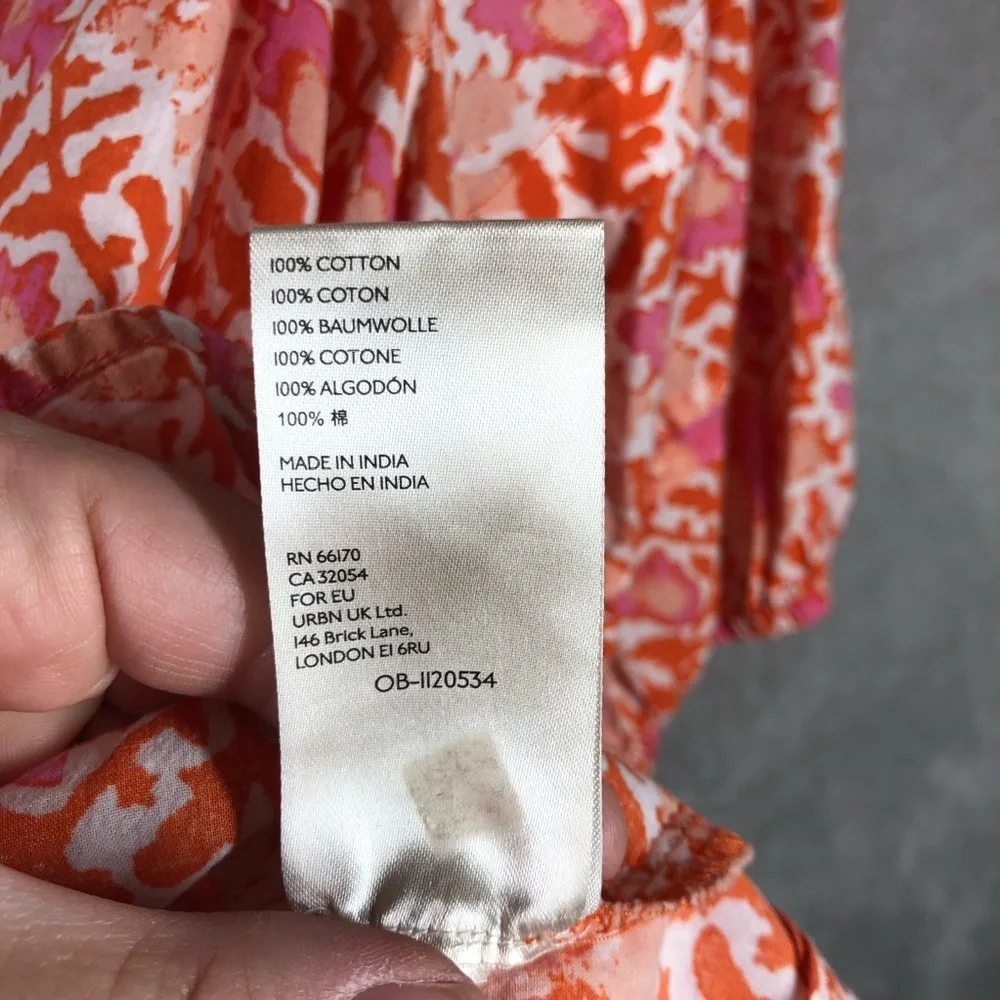 Free People Willow Printed Top Size L Orange Pink Floral Boho Peasant Flowy